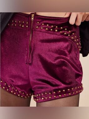 Free People x Understated Leather Burgundy Velvet Studded Zip Micro Moto Shorts